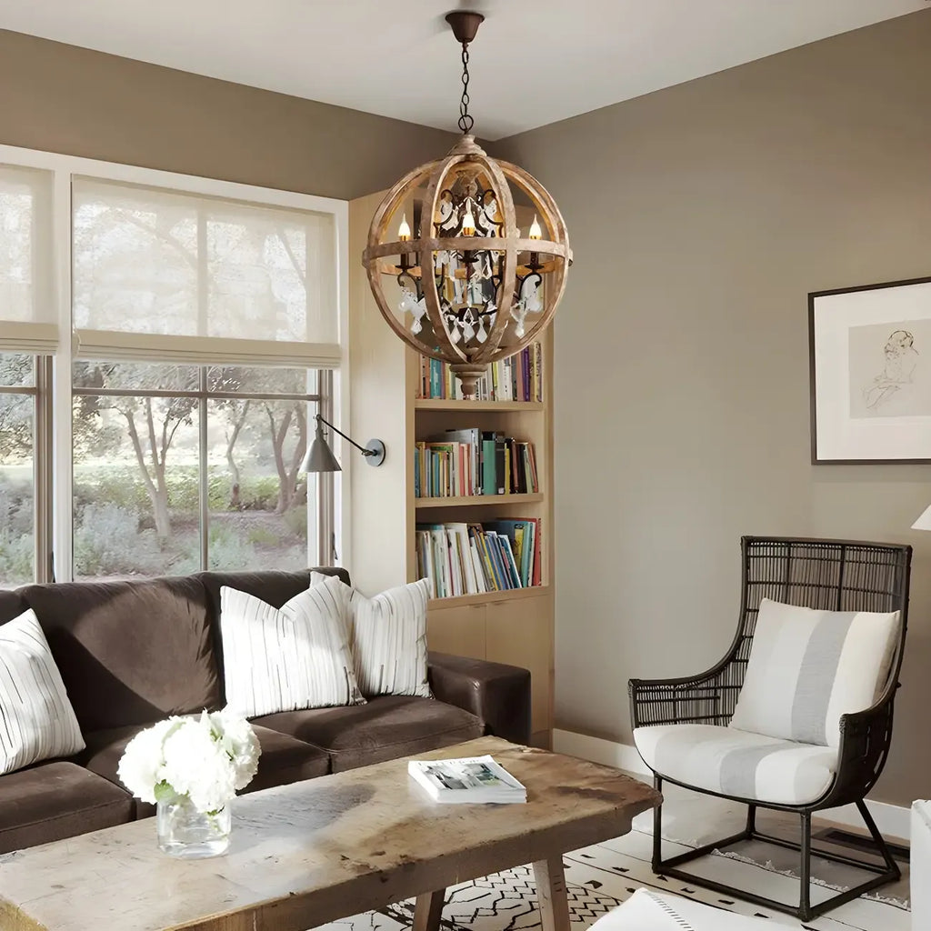 Candélabre rustique en bois à 3 lumières avec décoration en cristal
