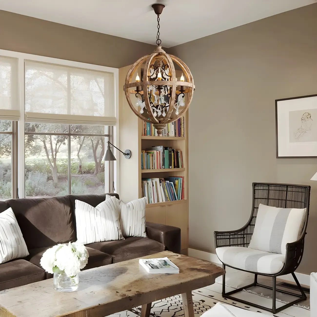 Candélabre rustique en bois à 3 lumières avec décoration en cristal