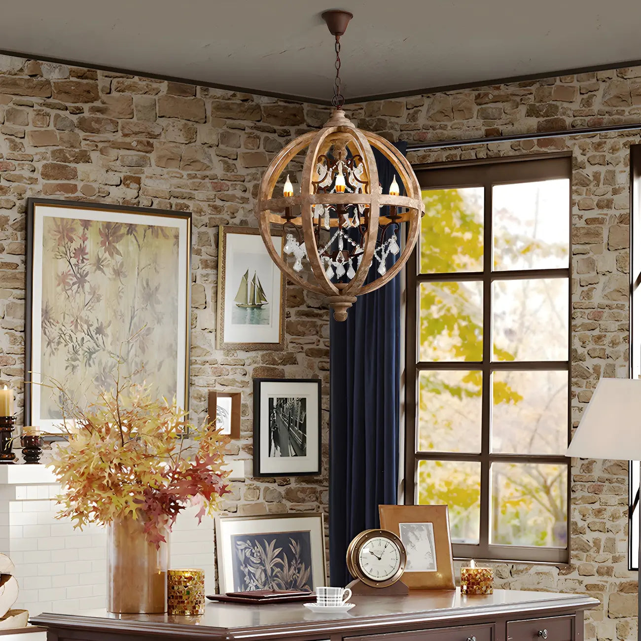 Candélabre rustique en bois à 3 lumières avec décoration en cristal