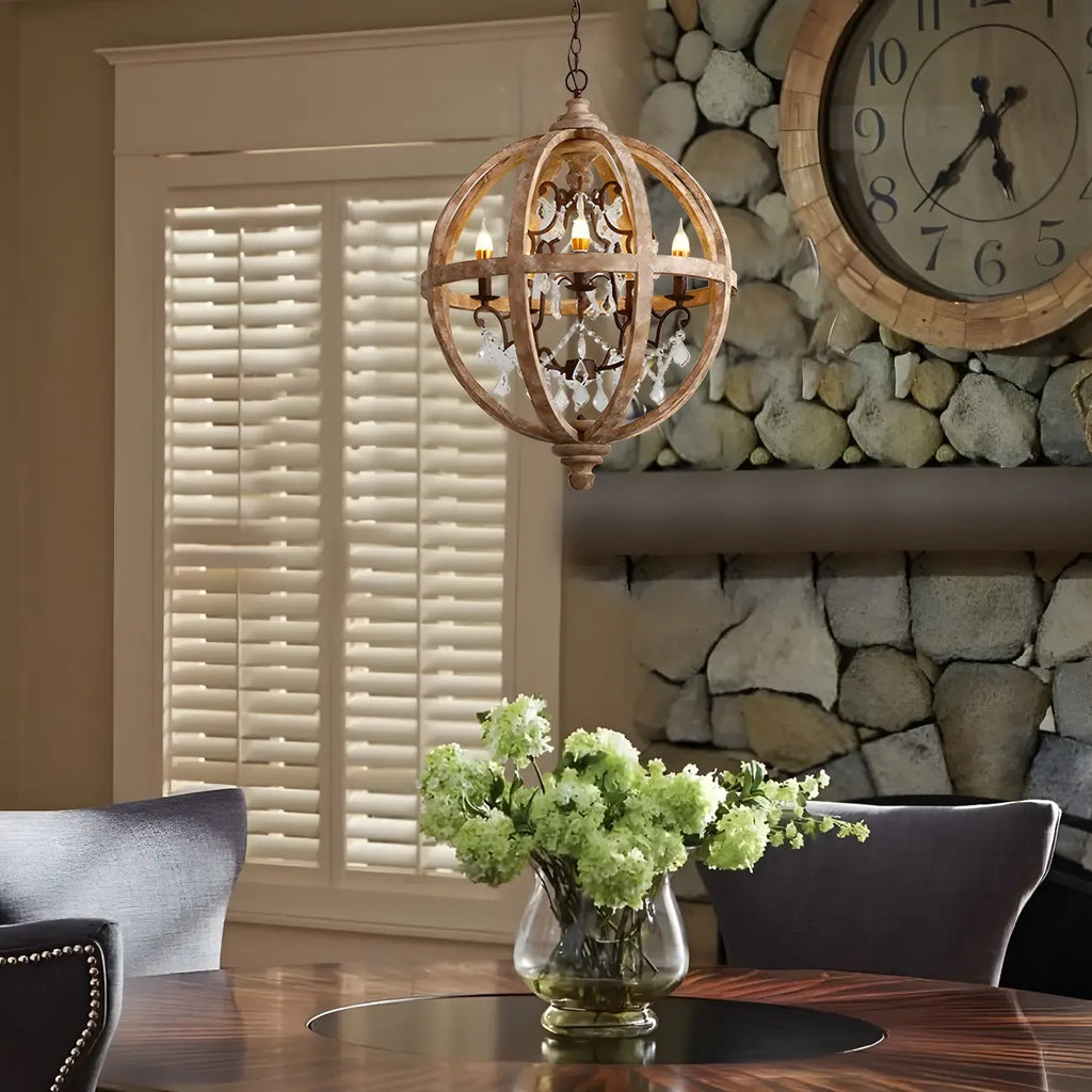 Candélabre rustique en bois à 3 lumières avec décoration en cristal