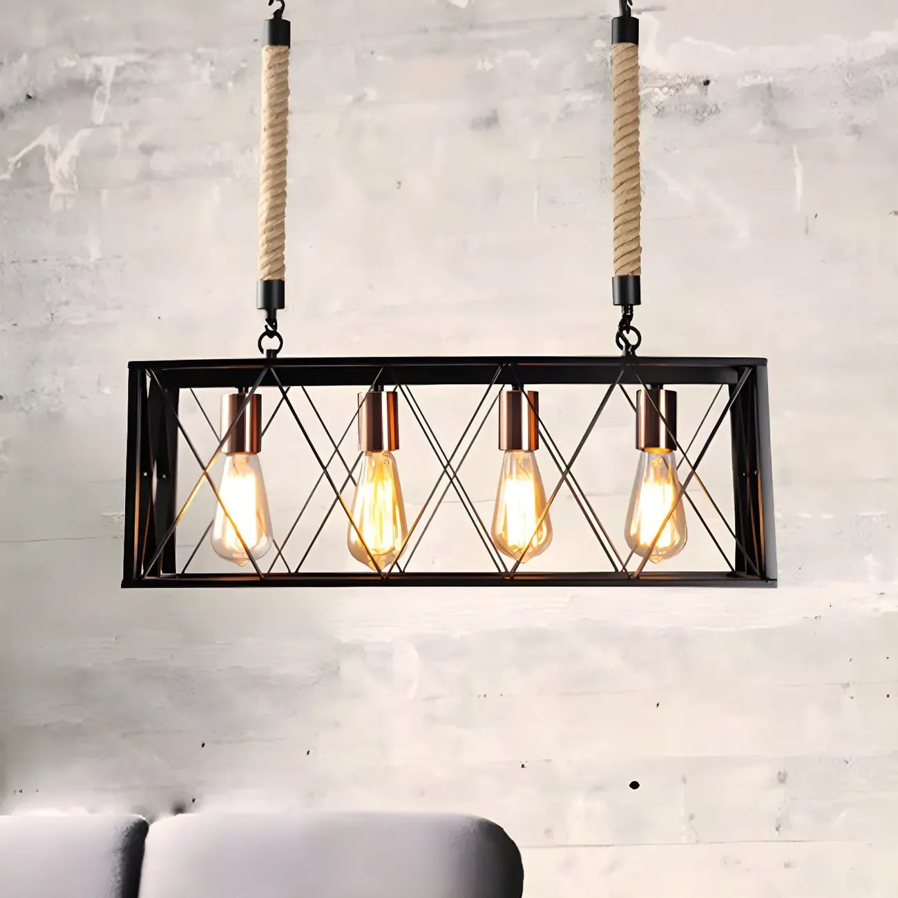 Suspension rectangulaire industrielle à 4 lumières en métal noir