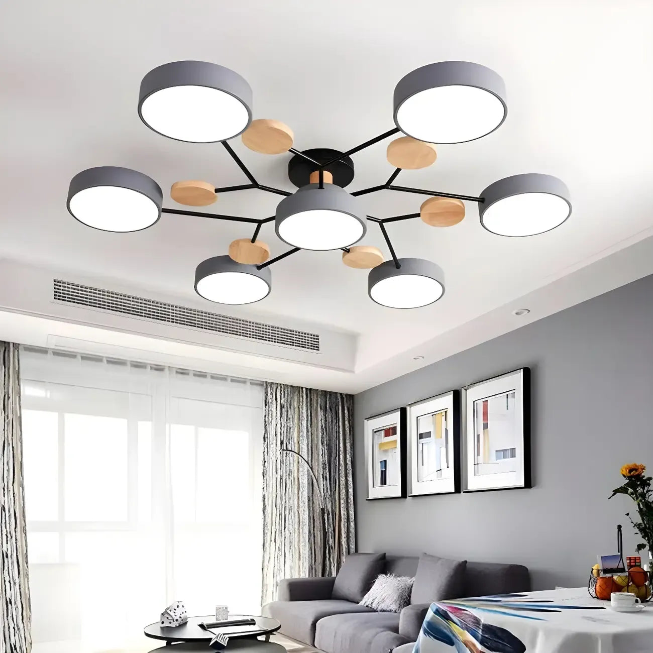 Grand plafonnier semi-encastré rond en métal gris, 7 lumières