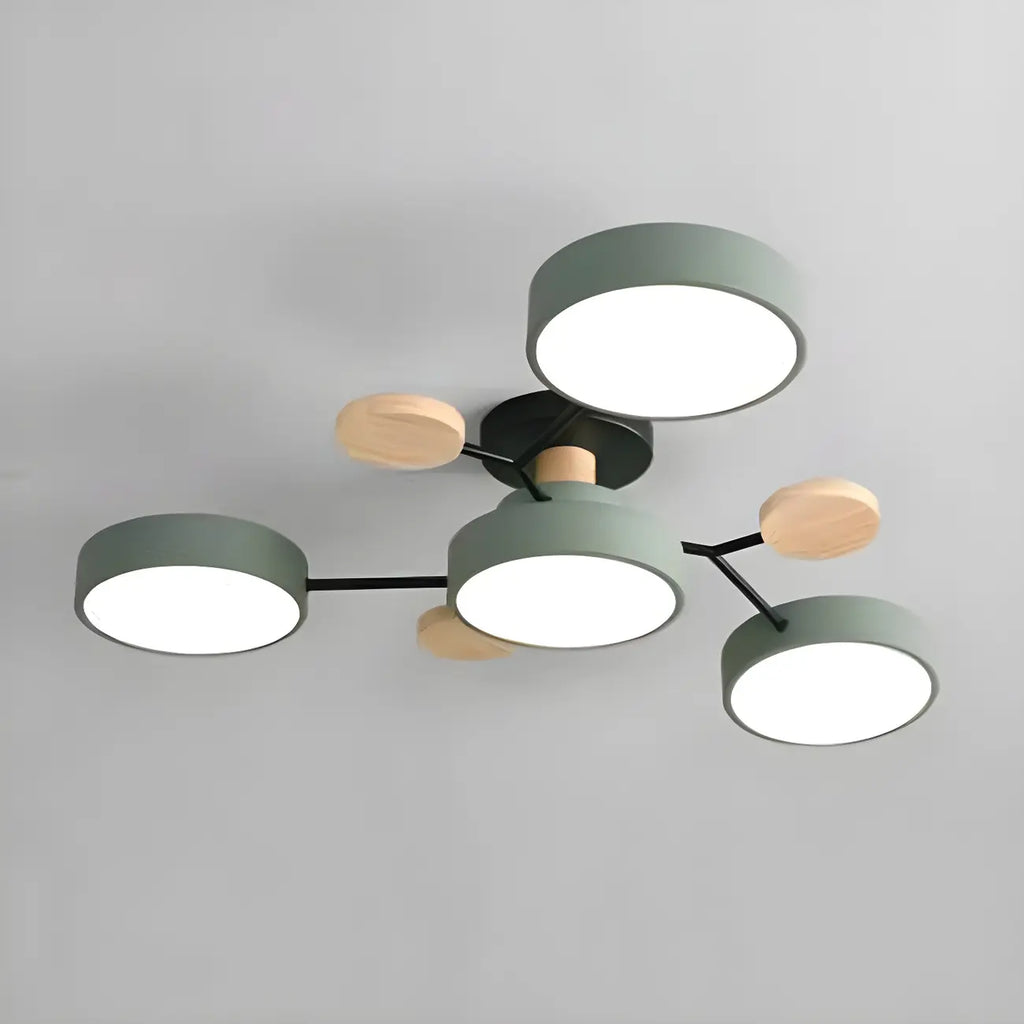 Grand plafonnier semi-encastré rond en métal gris, 7 lumières