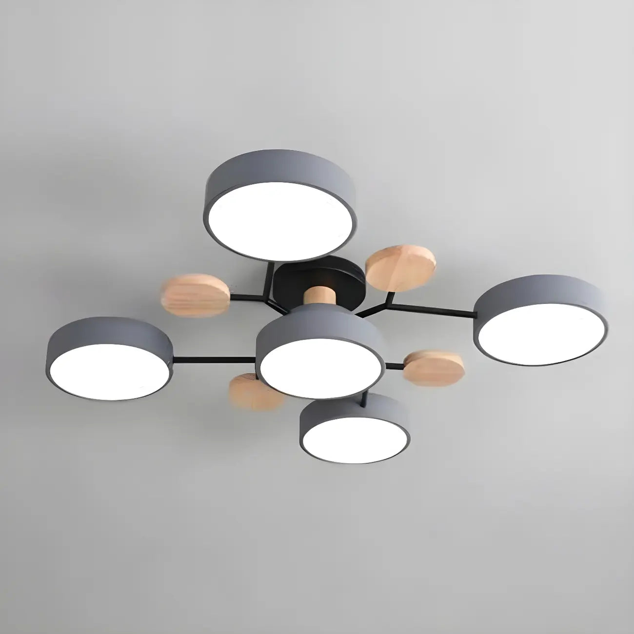 Grand plafonnier semi-encastré rond en métal gris, 7 lumières