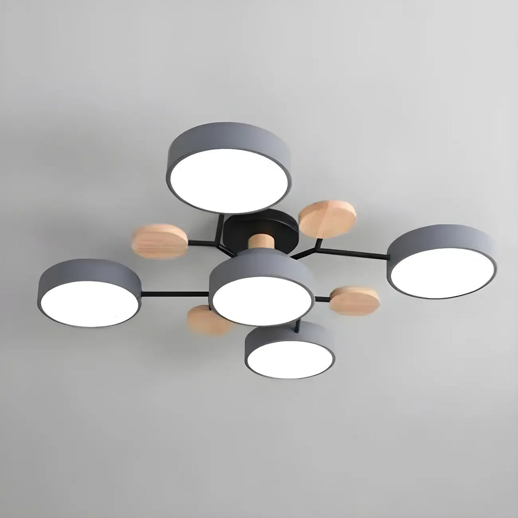 Grand plafonnier semi-encastré rond en métal gris, 7 lumières