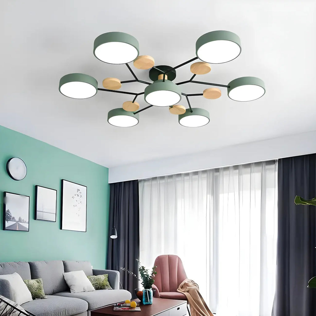Grand plafonnier semi-encastré rond en métal gris, 7 lumières