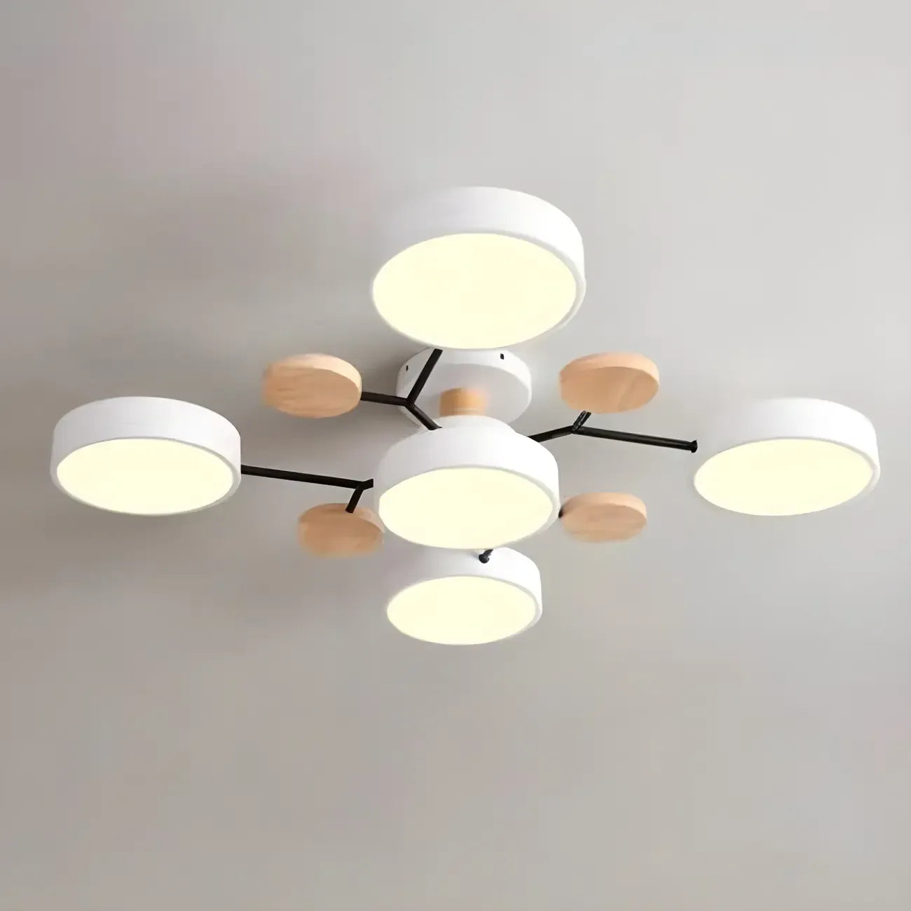 Grand plafonnier semi-encastré rond en métal gris, 7 lumières