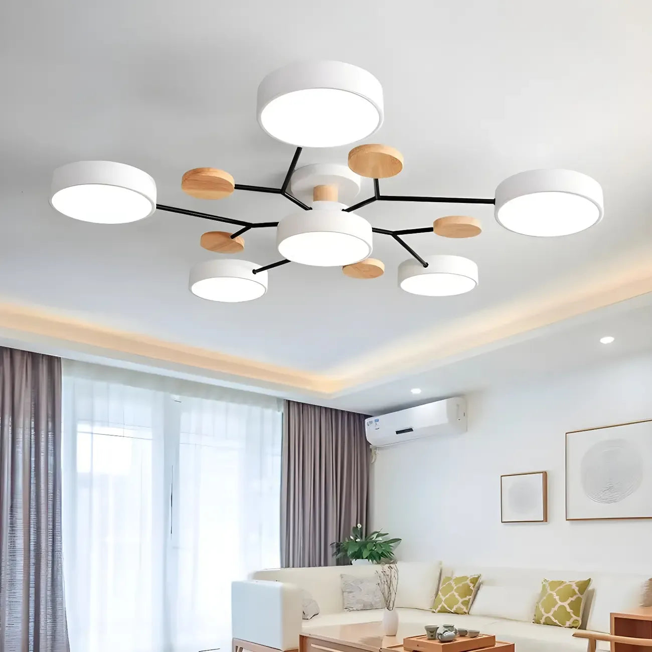 Grand plafonnier semi-encastré rond en métal gris, 7 lumières