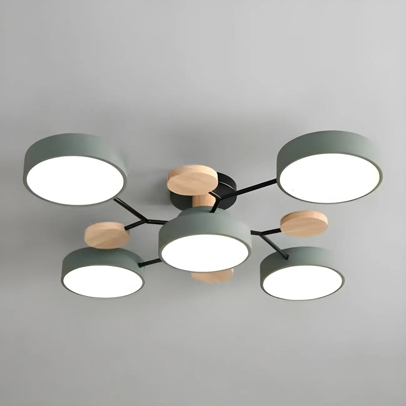 Grand plafonnier semi-encastré rond en métal gris, 7 lumières