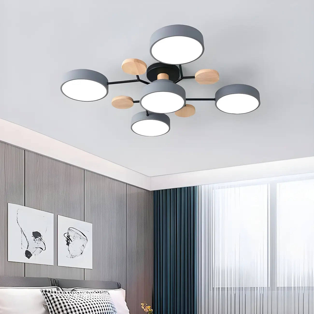 Grand plafonnier semi-encastré rond en métal gris, 7 lumières
