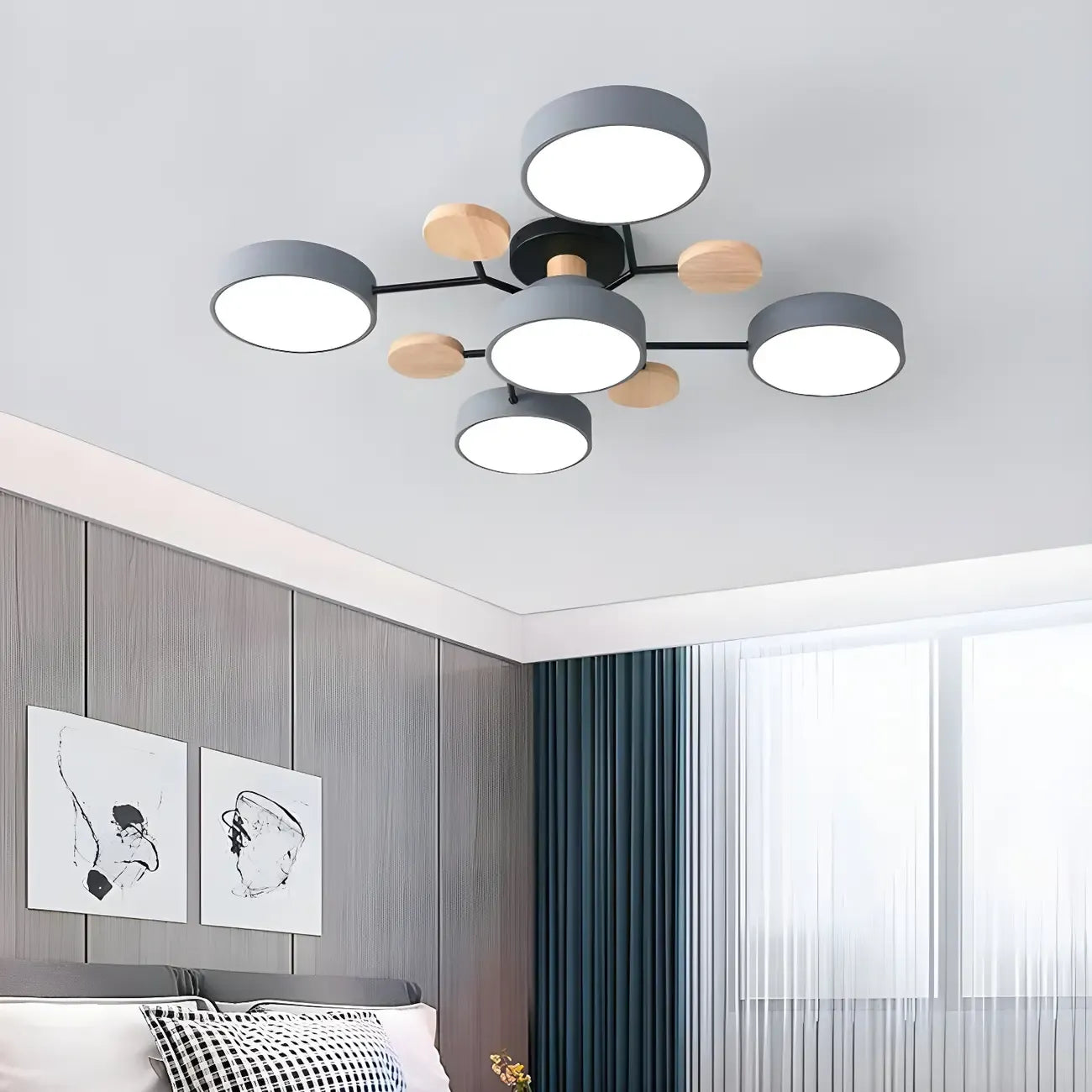 Grand plafonnier semi-encastré rond en métal gris, 7 lumières