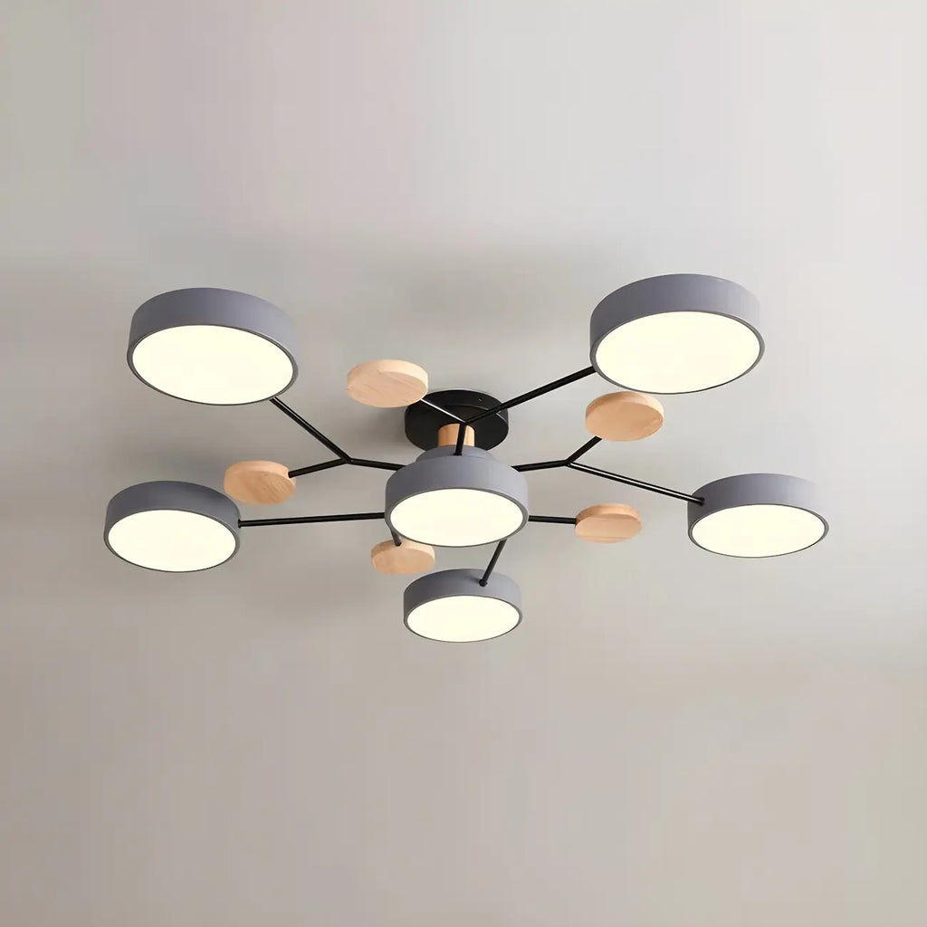 Grand plafonnier semi-encastré rond en métal gris, 7 lumières
