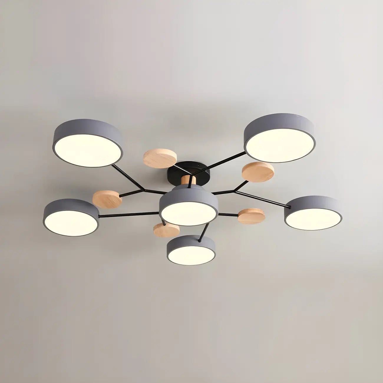 Grand plafonnier semi-encastré rond en métal gris, 7 lumières