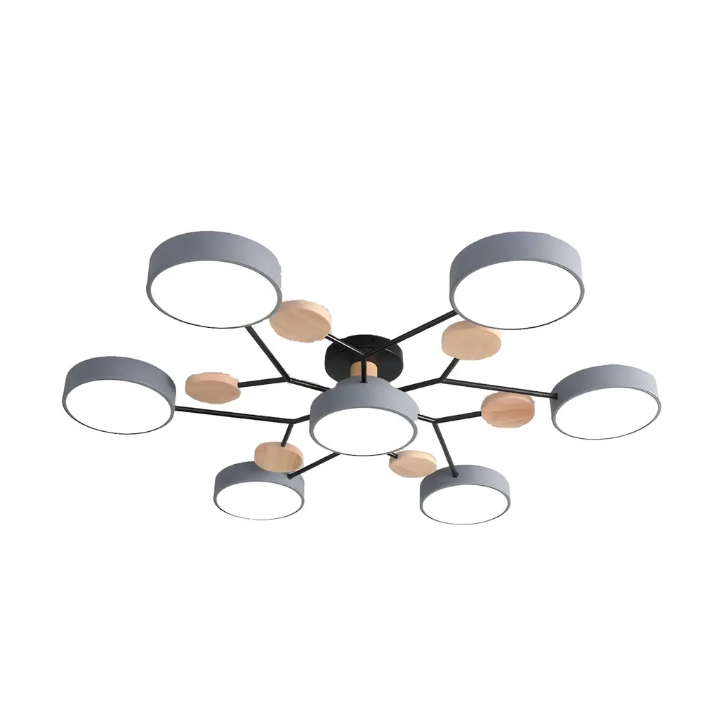 Grand plafonnier semi-encastré rond en métal gris, 7 lumières