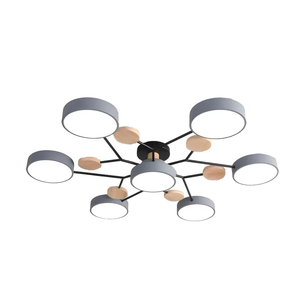 Grand plafonnier semi-encastré rond en métal gris, 7 lumières
