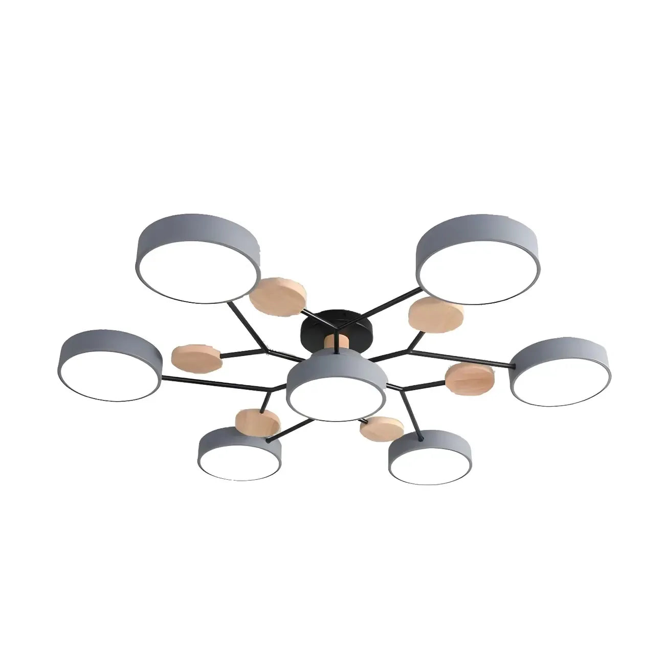 Grand plafonnier semi-encastré rond en métal gris, 7 lumières