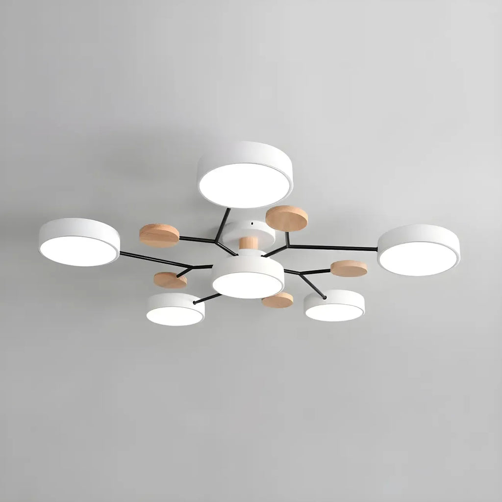 Grand plafonnier semi-encastré rond en métal gris, 7 lumières