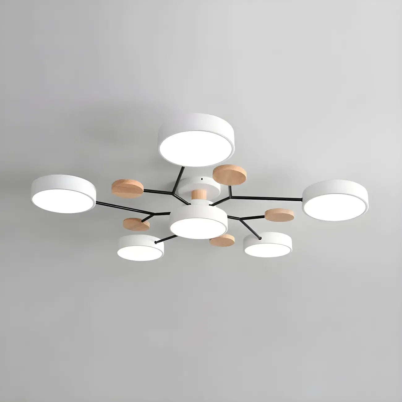 Grand plafonnier semi-encastré rond en métal gris, 7 lumières