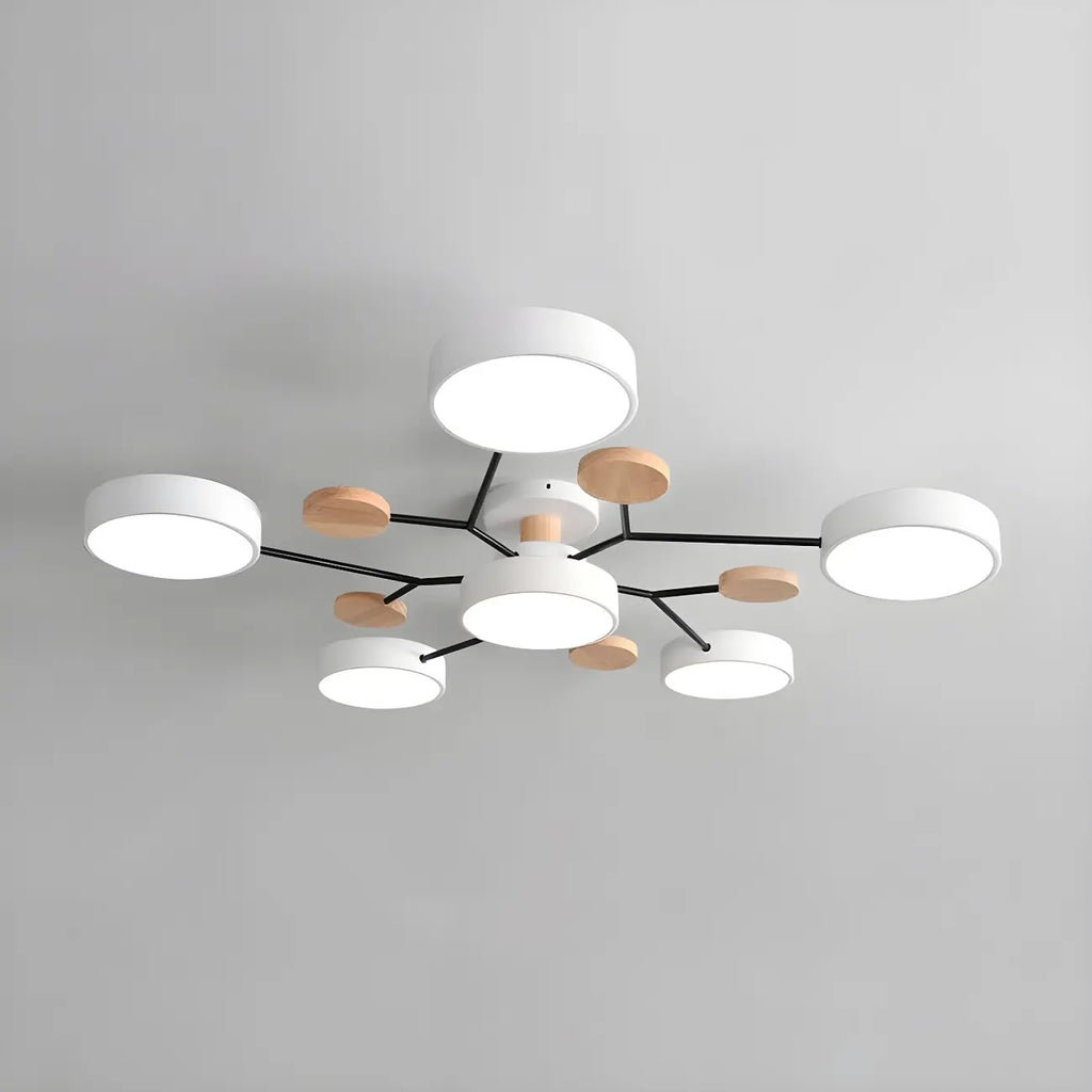 Grand plafonnier semi-encastré rond en métal gris, 7 lumières