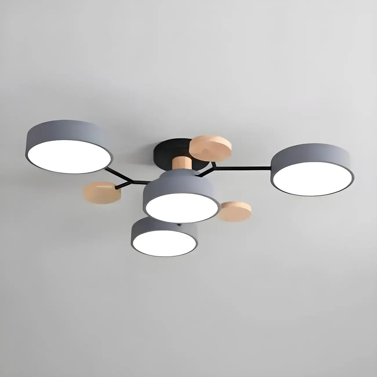 Grand plafonnier semi-encastré rond en métal gris, 7 lumières