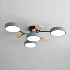 Grand plafonnier semi-encastré rond en métal gris, 7 lumières