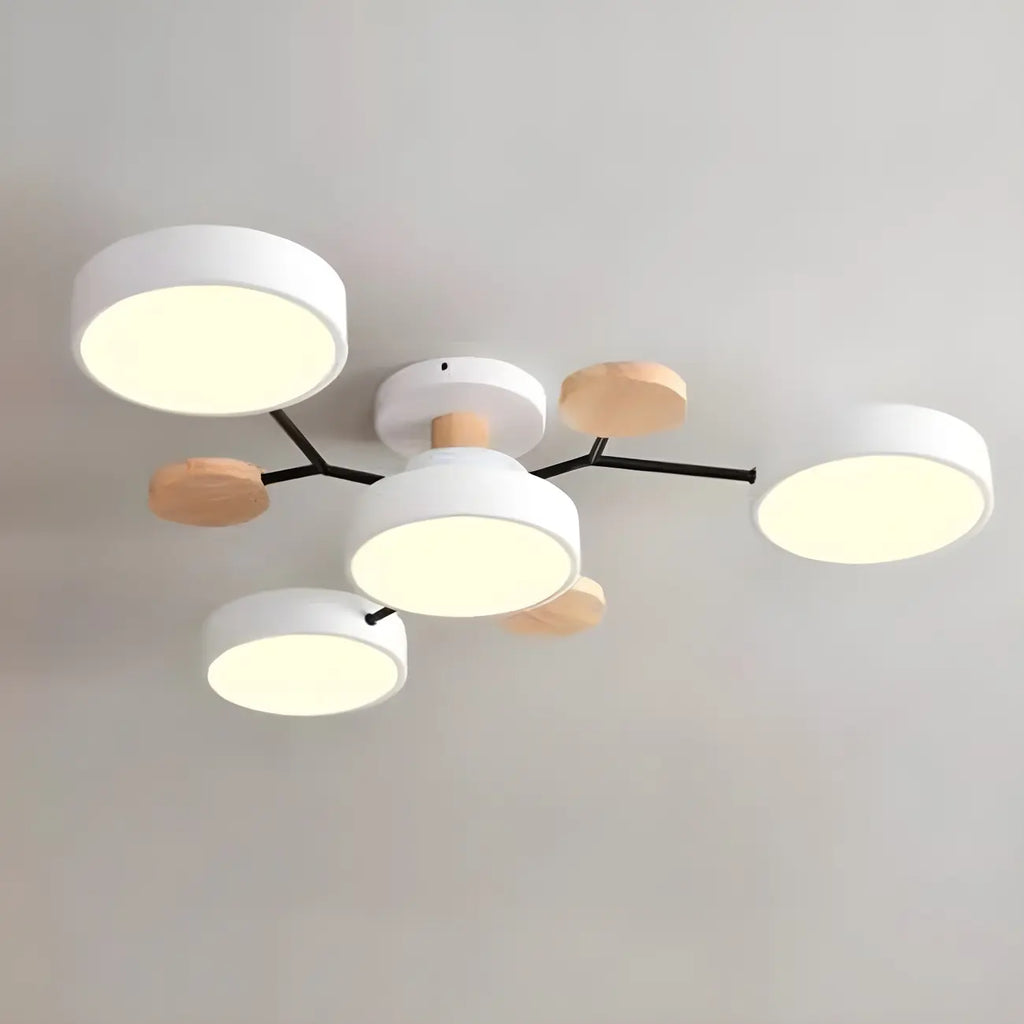 Grand plafonnier semi-encastré rond en métal gris, 7 lumières