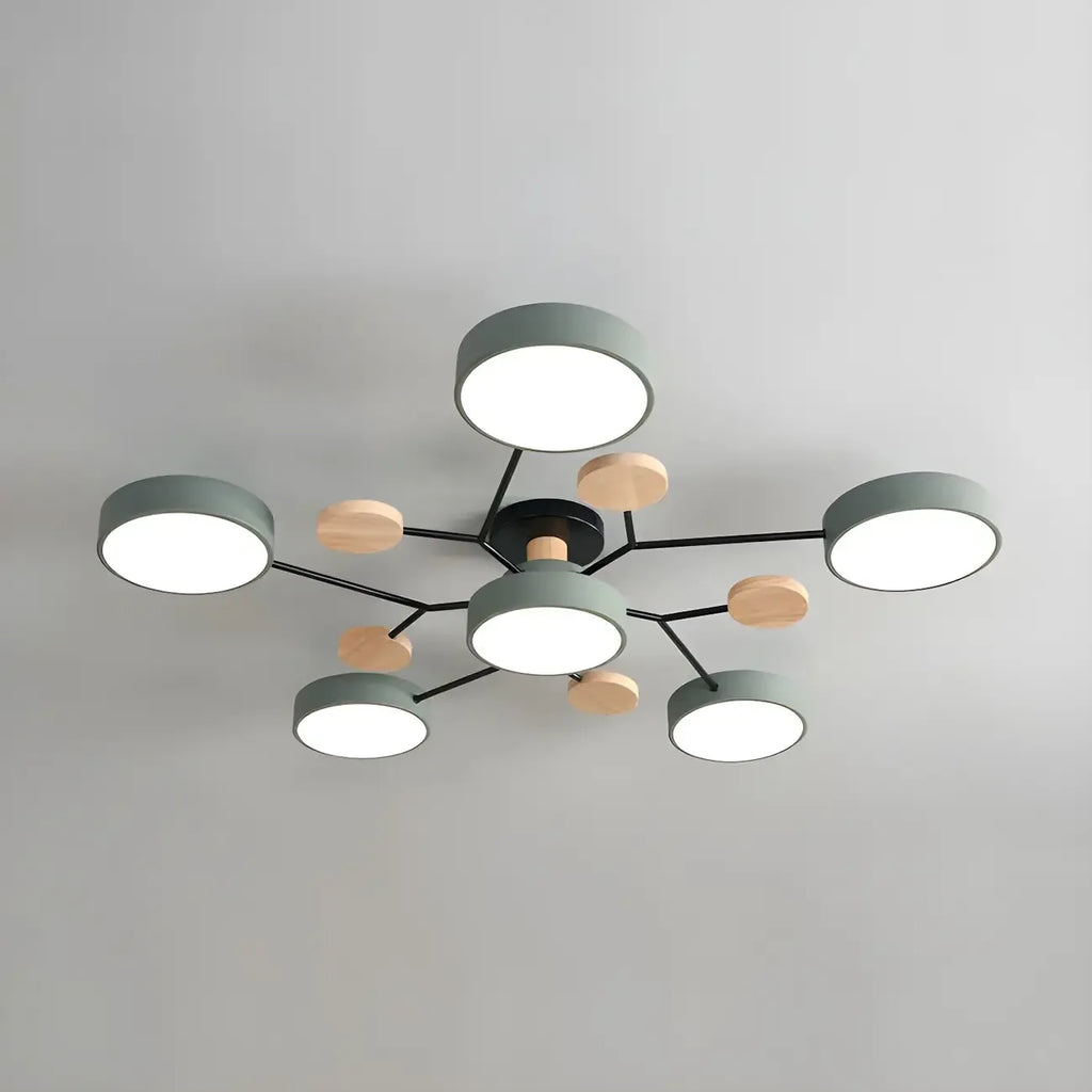 Grand plafonnier semi-encastré rond en métal gris, 7 lumières