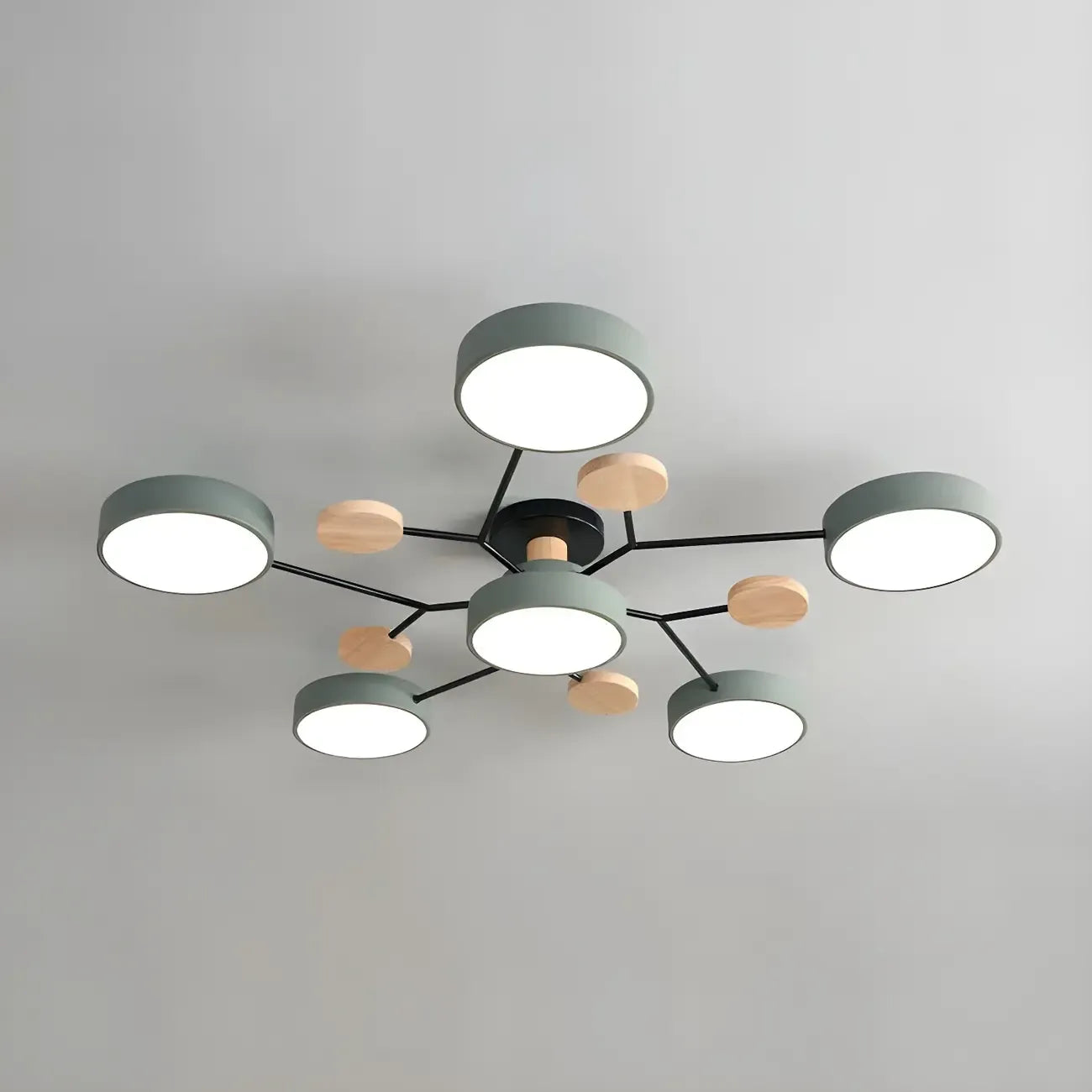 Grand plafonnier semi-encastré rond en métal gris, 7 lumières