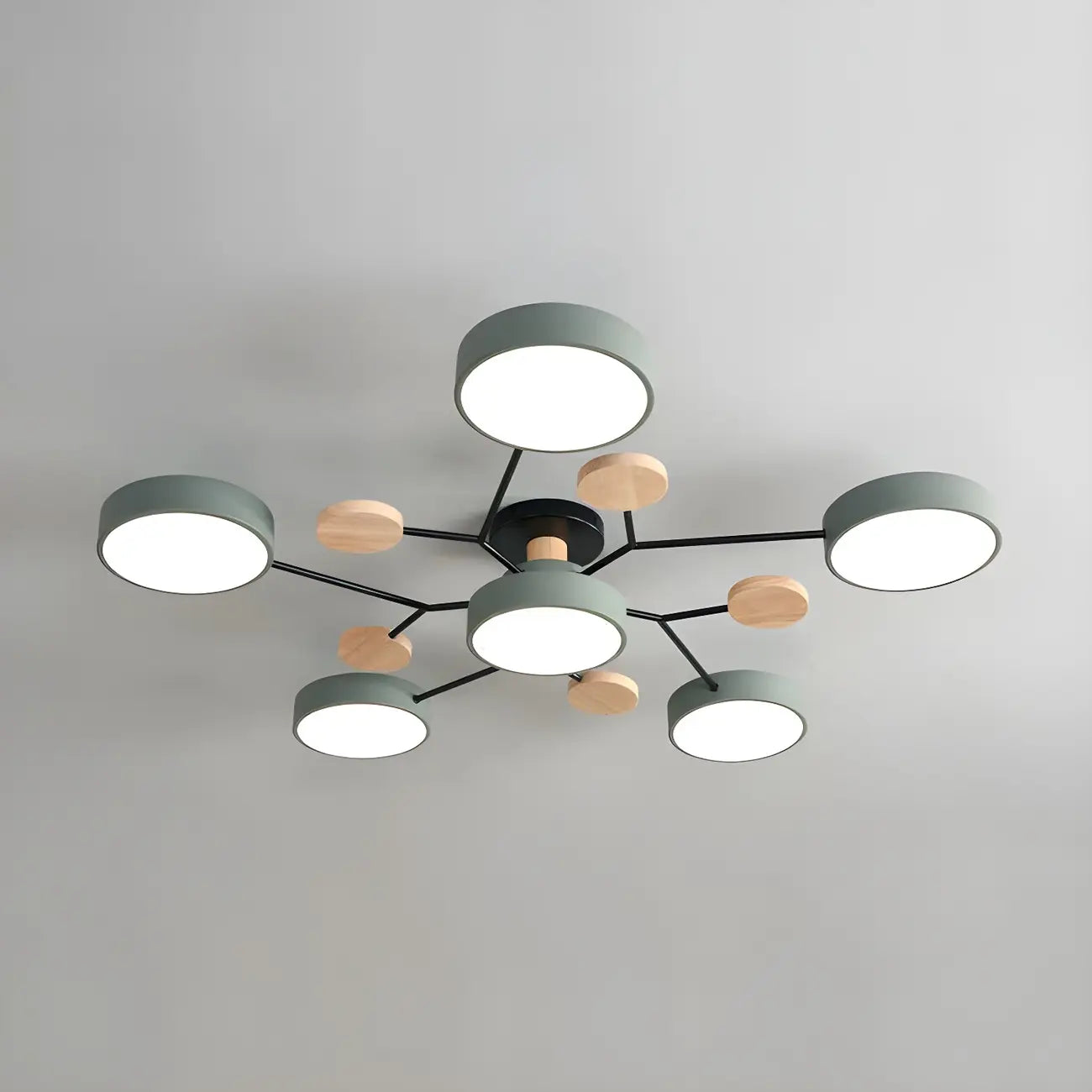 Grand plafonnier semi-encastré rond en métal gris, 7 lumières