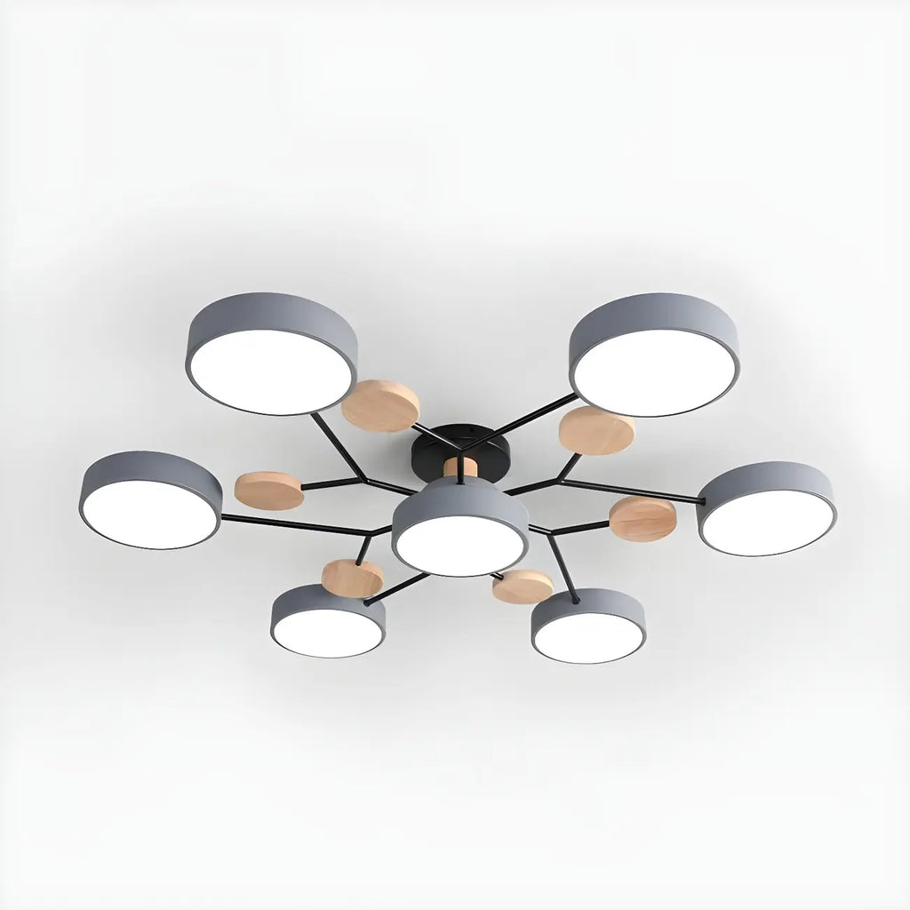 Grand plafonnier semi-encastré rond en métal gris, 7 lumières