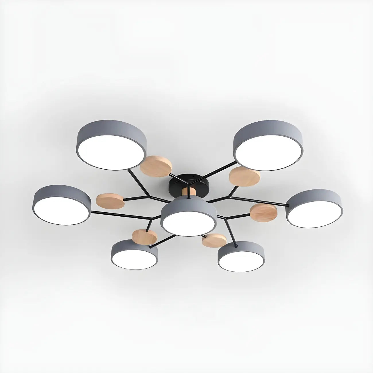 Grand plafonnier semi-encastré rond en métal gris, 7 lumières