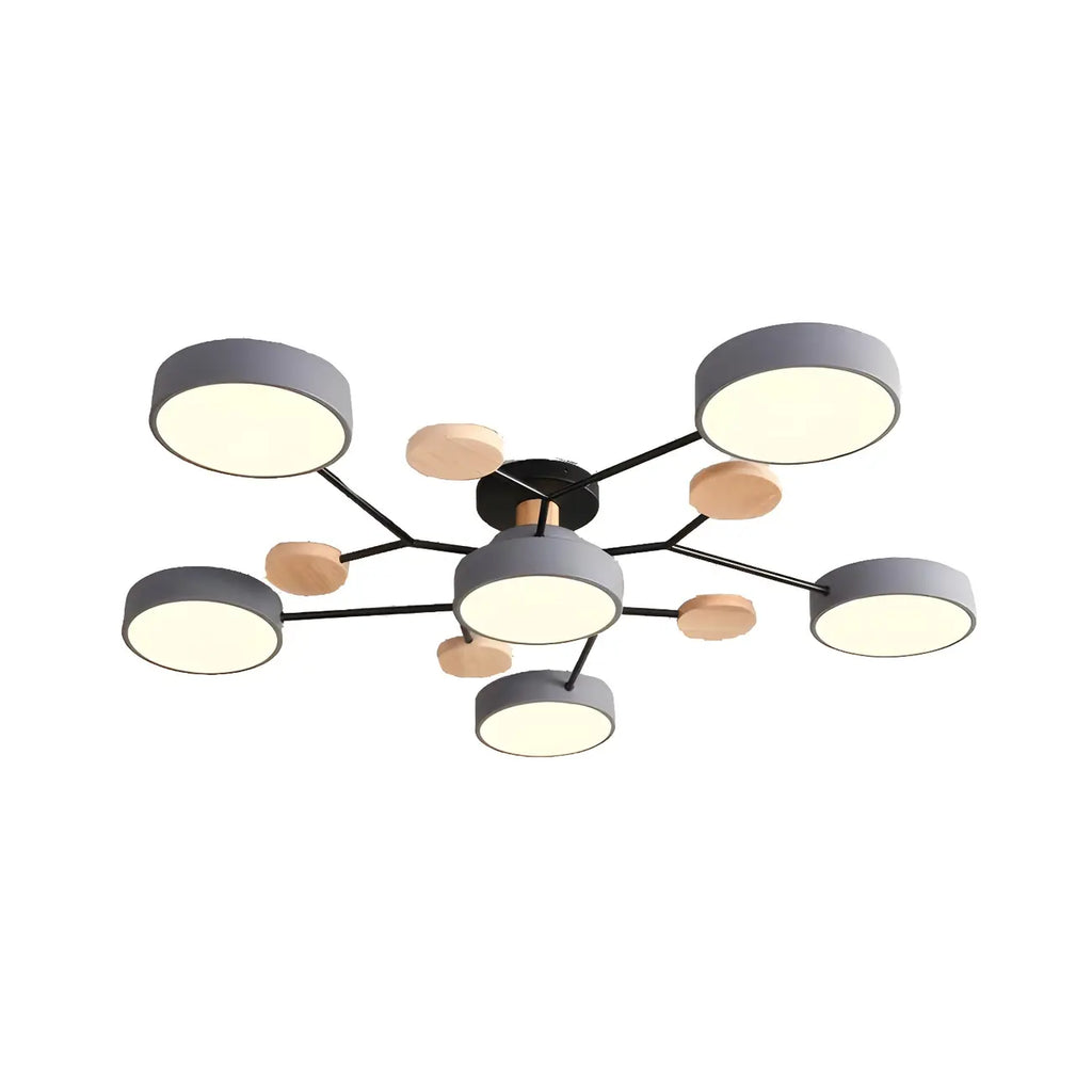 Grand plafonnier semi-encastré rond en métal gris, 7 lumières
