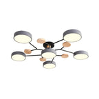 Grand plafonnier semi-encastré rond en métal gris, 7 lumières