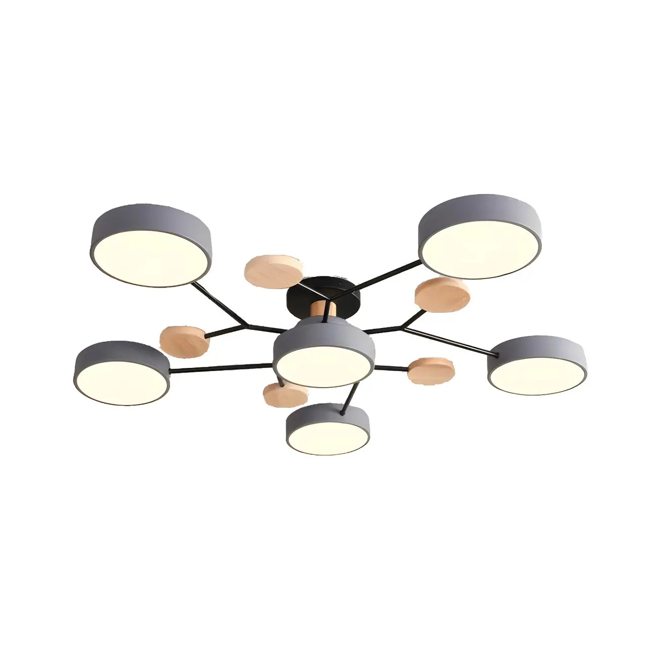Grand plafonnier semi-encastré rond en métal gris, 7 lumières