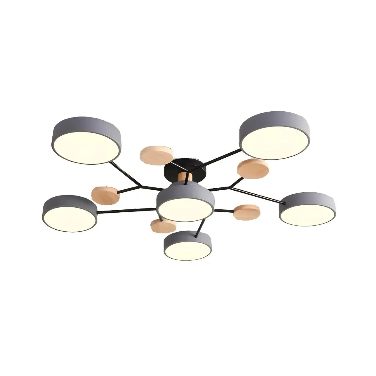 Grand plafonnier semi-encastré rond en métal gris, 7 lumières