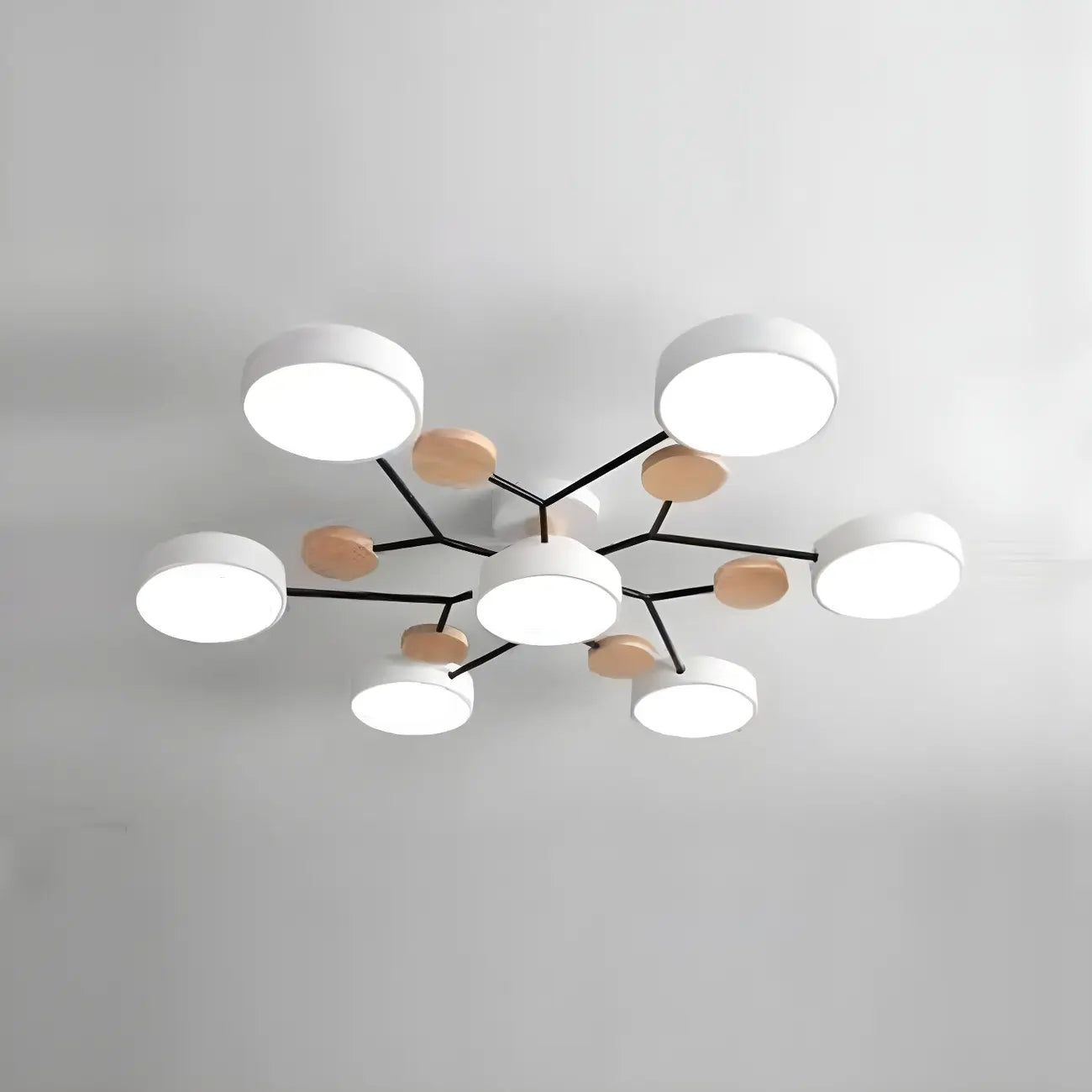 Grand plafonnier semi-encastré rond en métal gris, 7 lumières