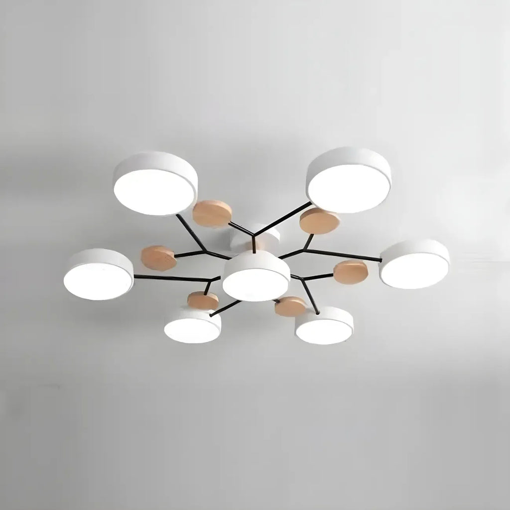 Grand plafonnier semi-encastré rond en métal gris, 7 lumières