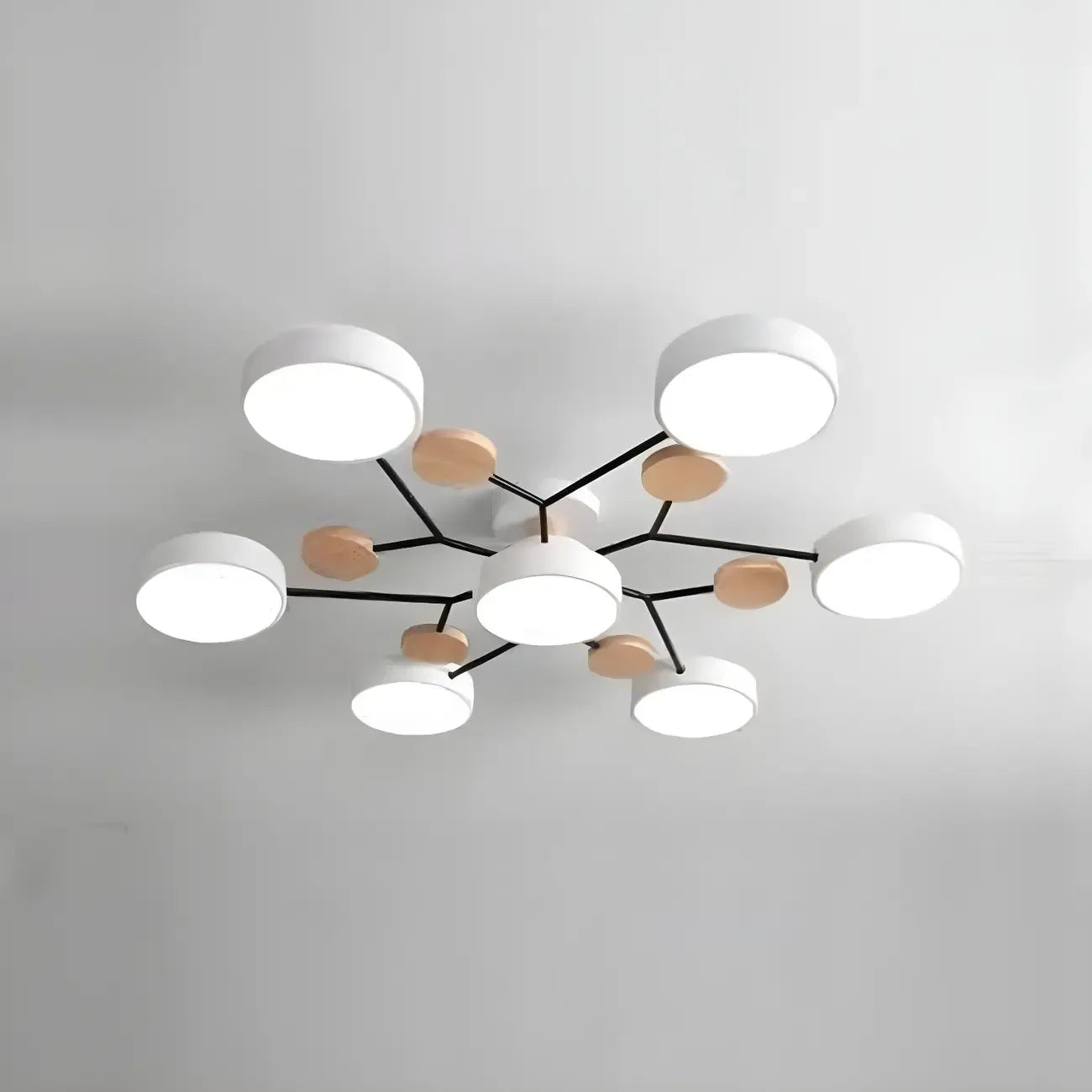 Grand plafonnier semi-encastré rond en métal gris, 7 lumières