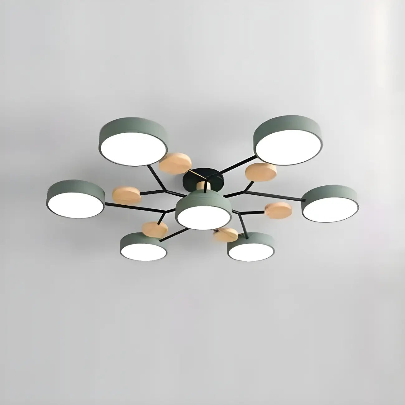 Grand plafonnier semi-encastré rond en métal gris, 7 lumières