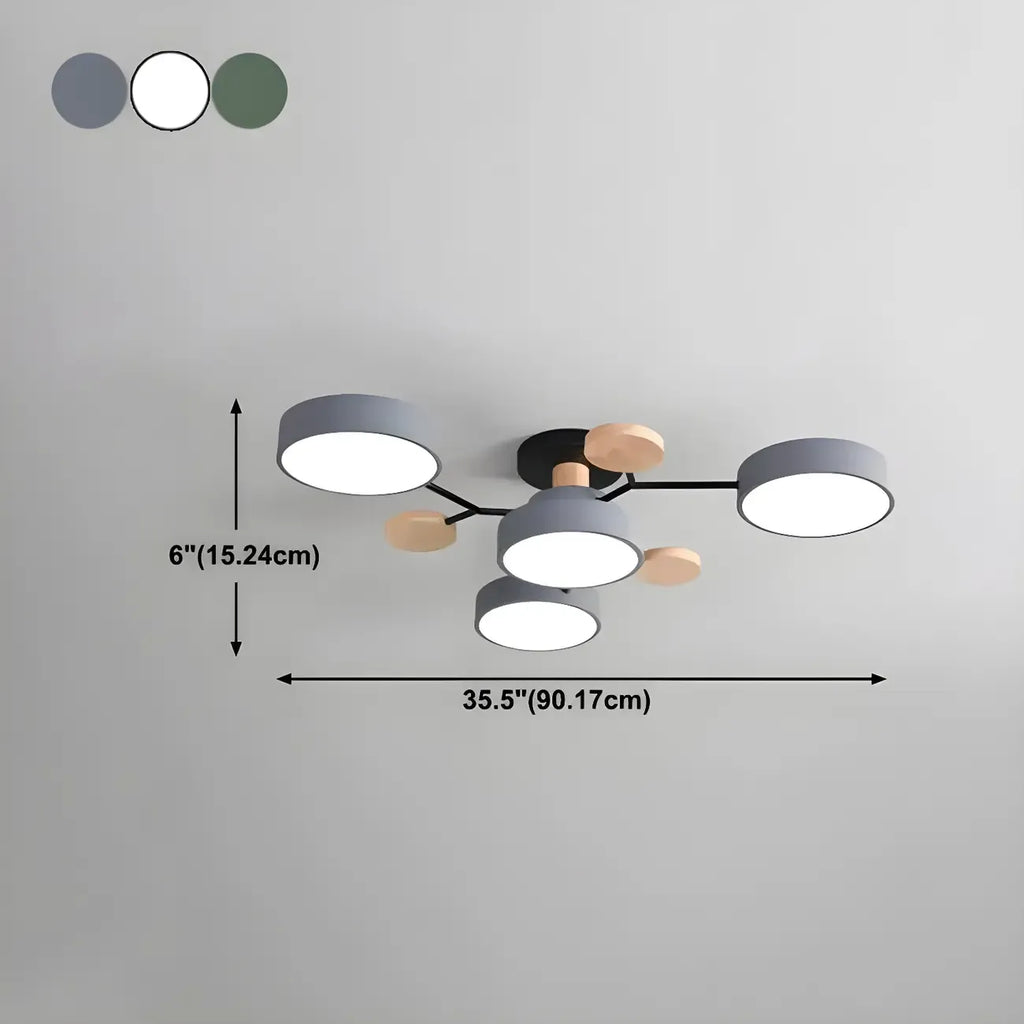 Grand plafonnier semi-encastré rond en métal gris, 7 lumières