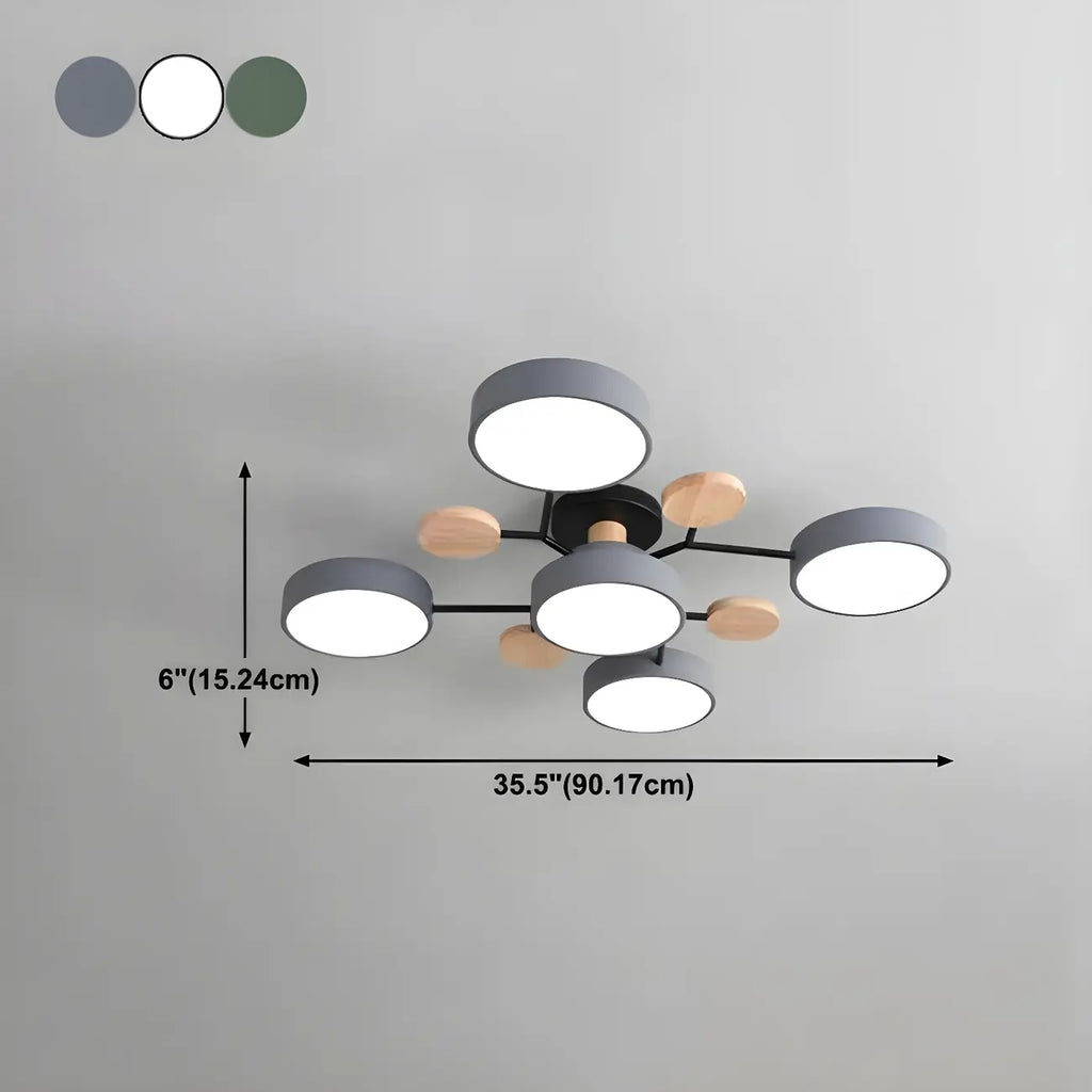 Grand plafonnier semi-encastré rond en métal gris, 7 lumières