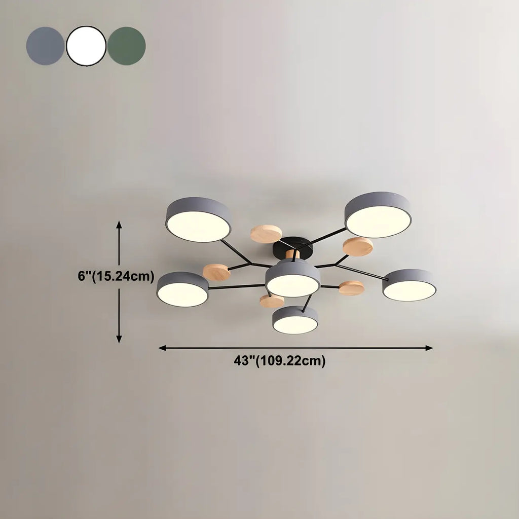 Grand plafonnier semi-encastré rond en métal gris, 7 lumières