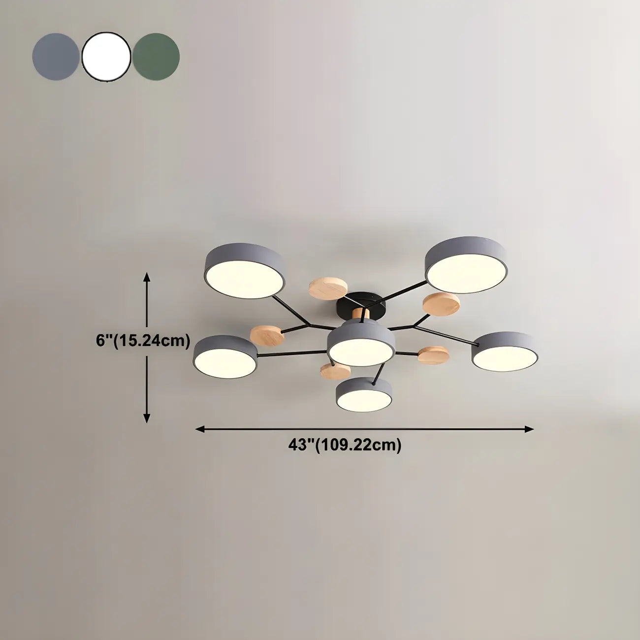 Grand plafonnier semi-encastré rond en métal gris, 7 lumières