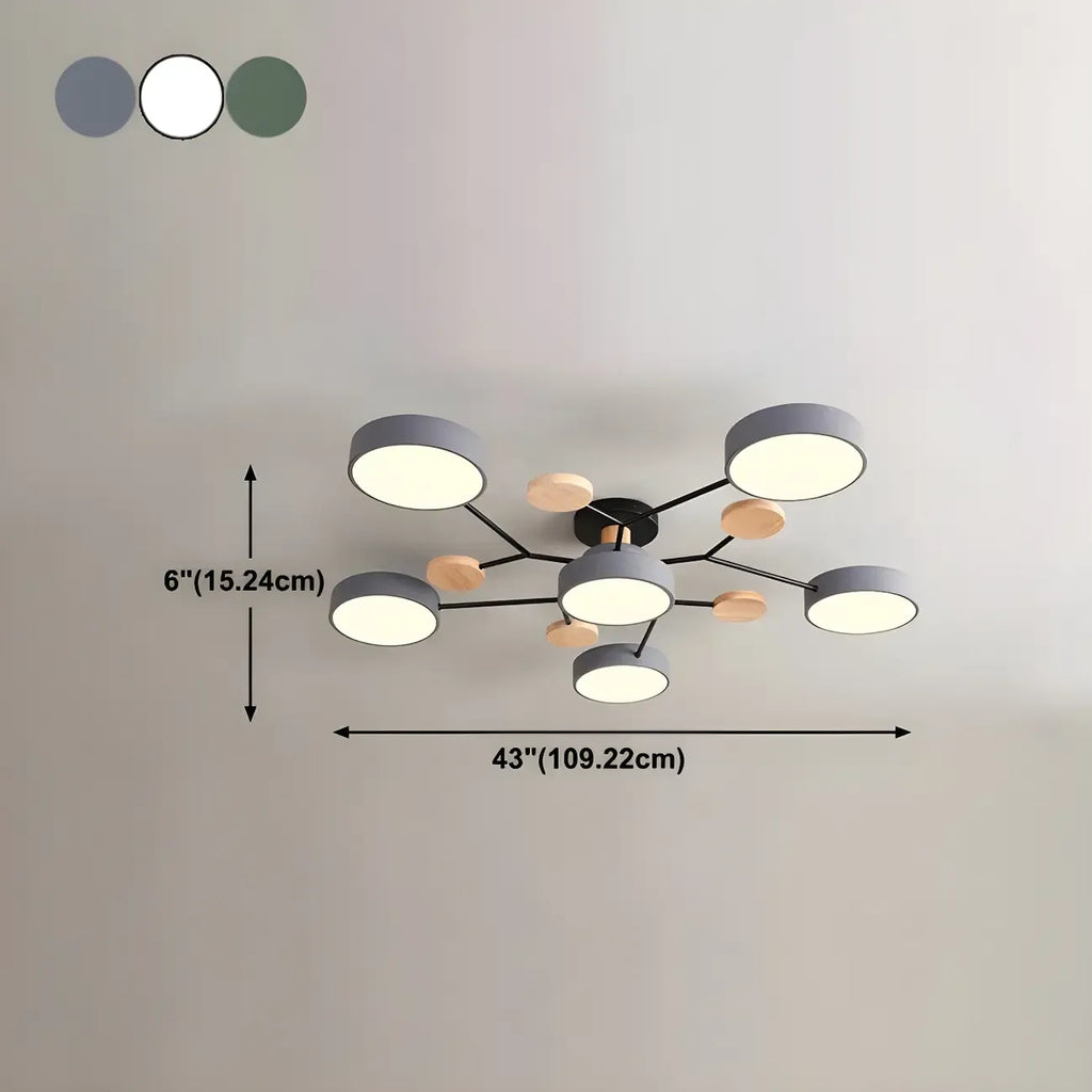 Grand plafonnier semi-encastré rond en métal gris, 7 lumières