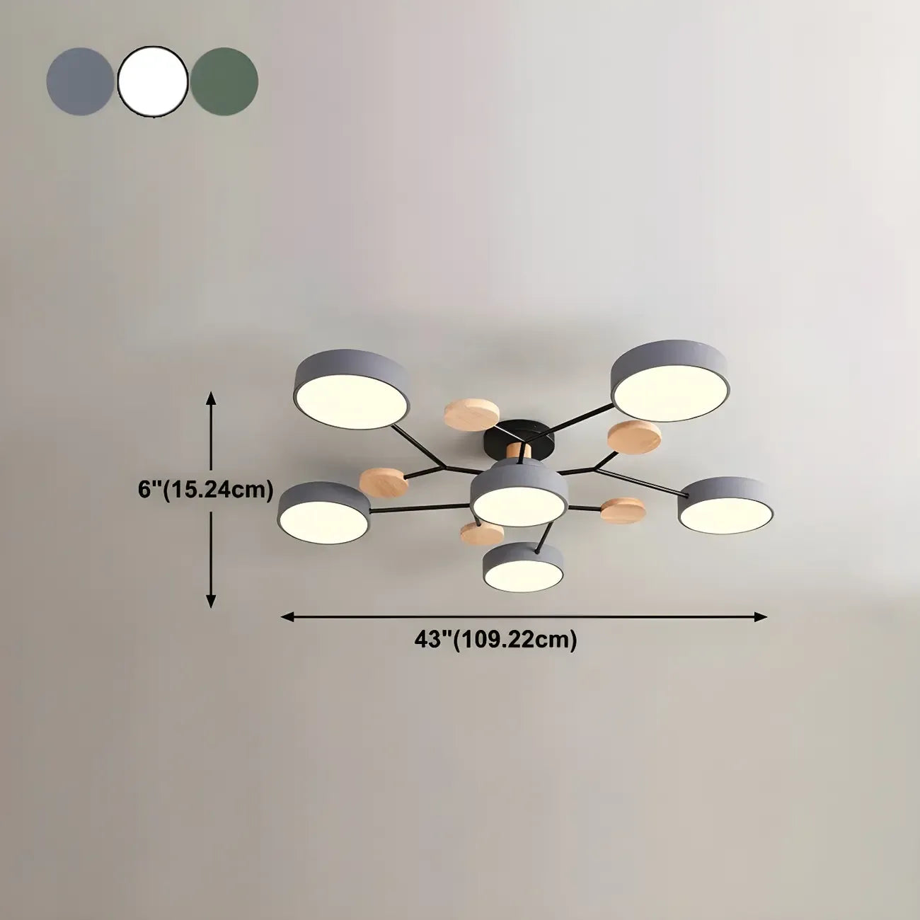 Grand plafonnier semi-encastré rond en métal gris, 7 lumières