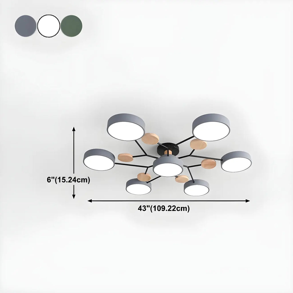 Grand plafonnier semi-encastré rond en métal gris, 7 lumières