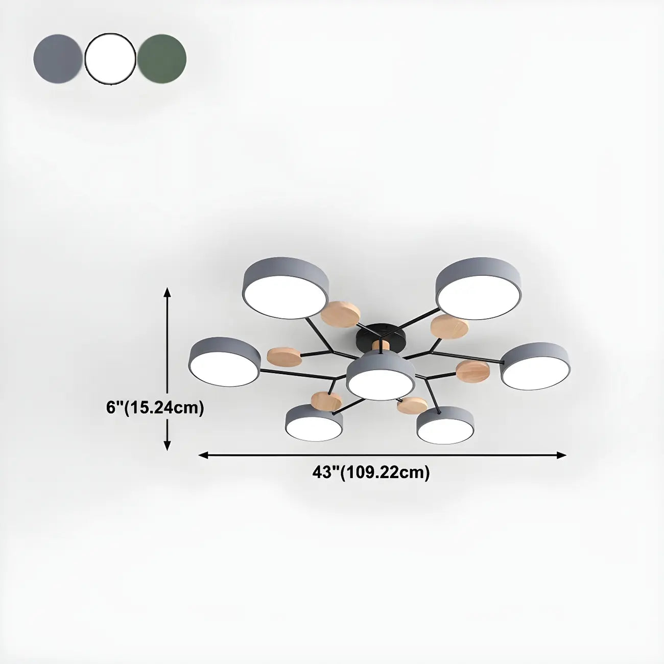 Grand plafonnier semi-encastré rond en métal gris, 7 lumières