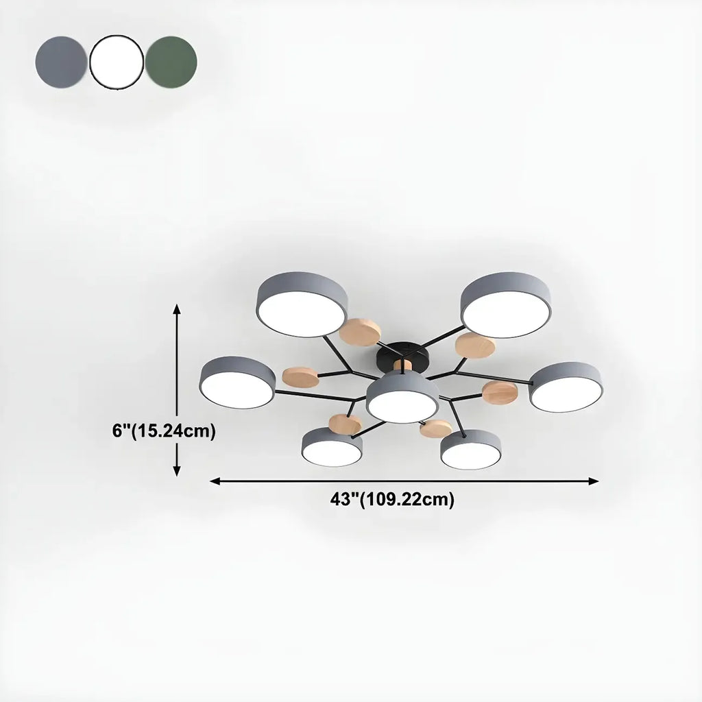 Grand plafonnier semi-encastré rond en métal gris, 7 lumières