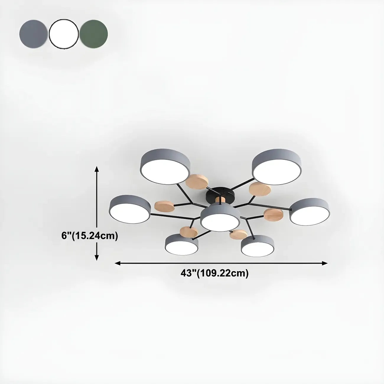 Grand plafonnier semi-encastré rond en métal gris, 7 lumières