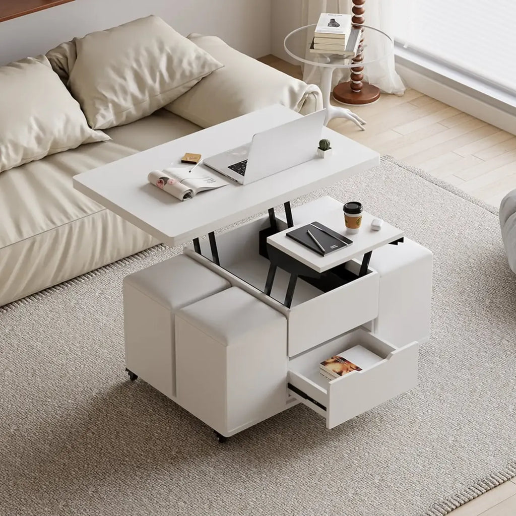 Table basse pliable à plateau relevable avec 4 tabourets et rangement